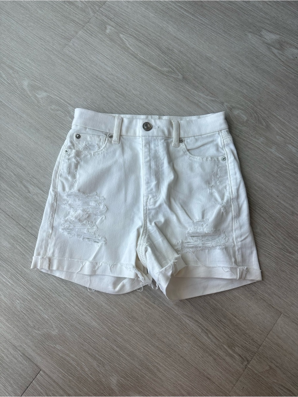 American Eagle Curvy High Rise White Distressed Denim Jean Shorts